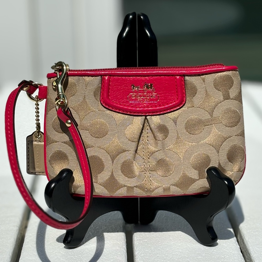 NWOT Coach Wristlet Tan Fabric Signature C Pattern with red leather trim & strap